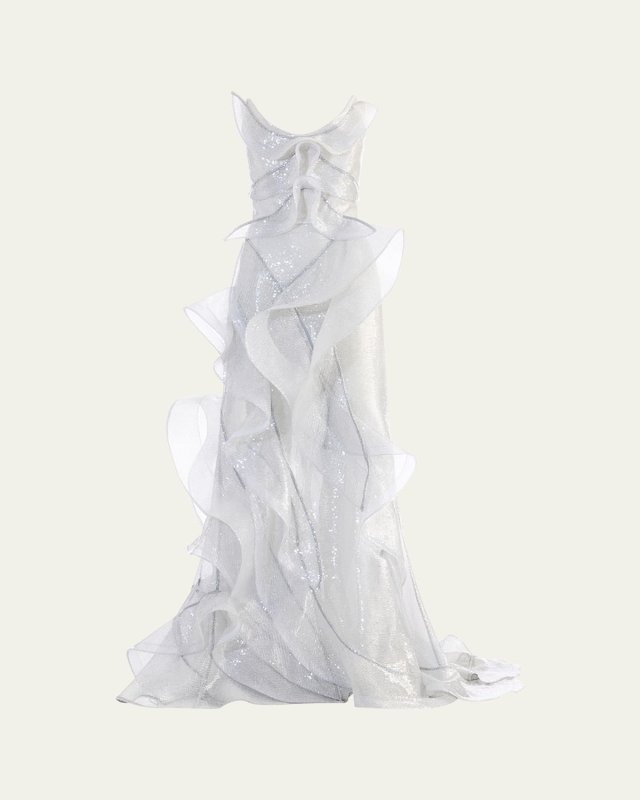 Refraction Strapless Ruffle Sequin Trumpet Gown